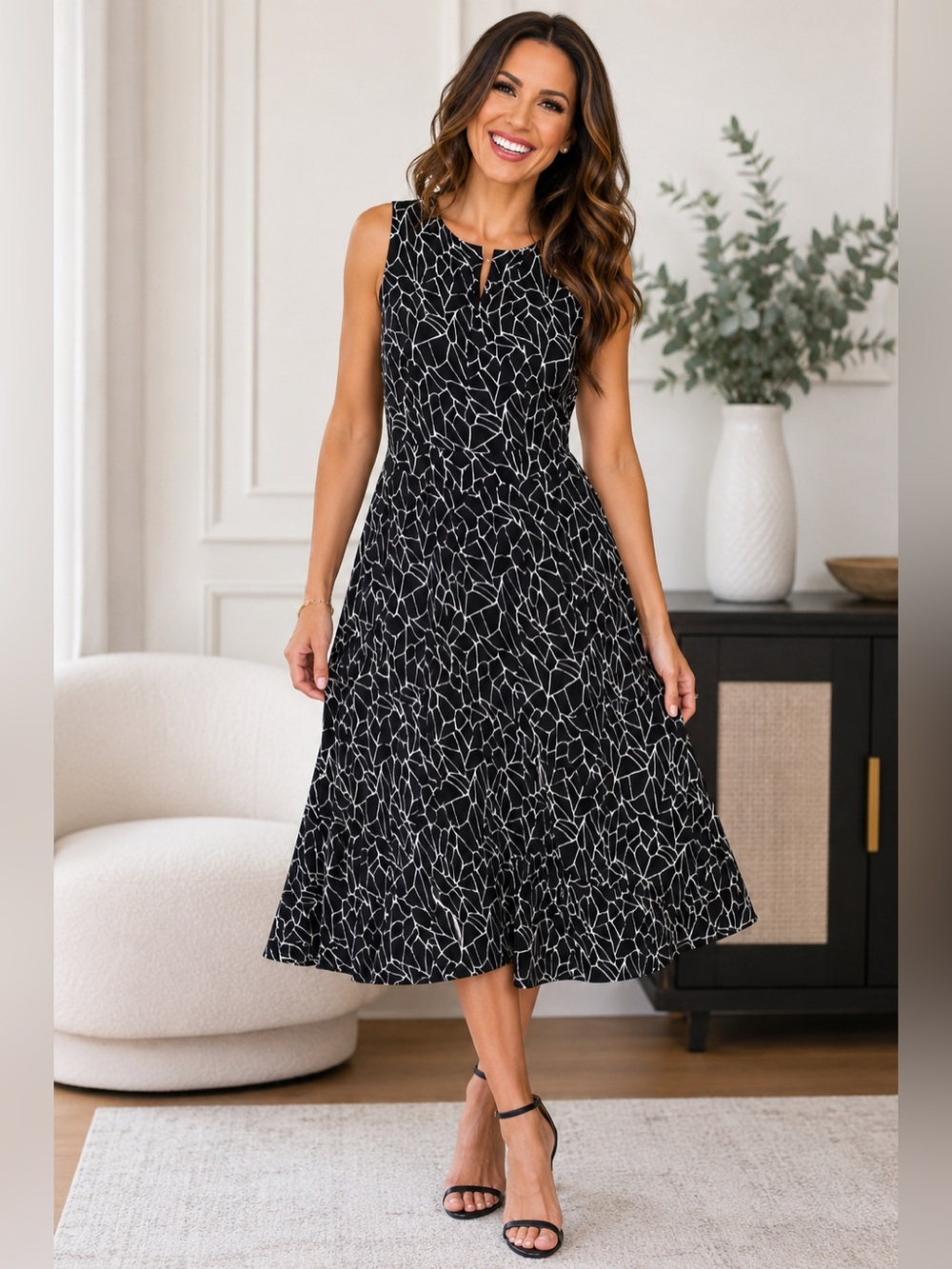 Pendleton Women Silk Blend Sleeveless Black White Midi Sleeveless Dress Size 10